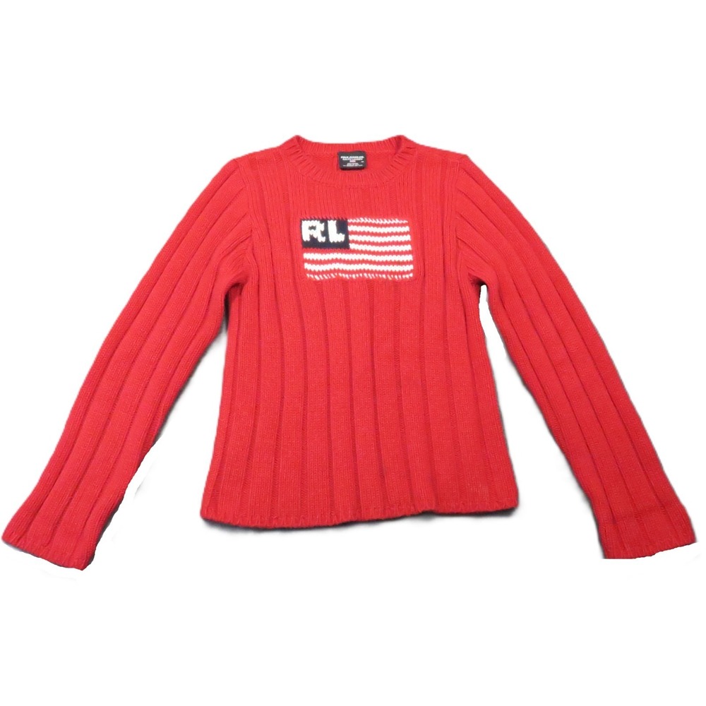 Polo by Ralph Lauren Red Ribbed Crewneck Sweater with Flag Patch